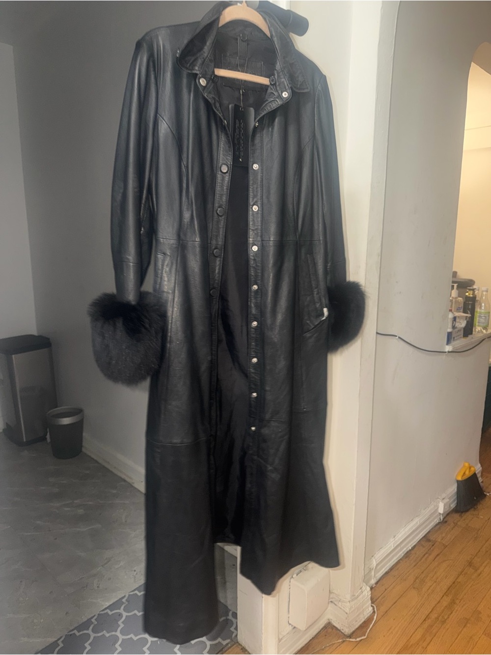 Daniel’s Leather NYC Black Leather Real Fur Cuff Maxi Coat L